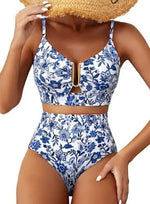 Women Sexy Floral Bikini High Waist Tummy Control Floral Bikini U Line Cross Back Padded Bikini Two Piece Beach Swimsuit
