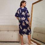 Large size sleepwear, women's mid length printed pullover dress, summer new home wear, silk ice silk nightgown