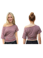 Women Elegant Summer Off One Shoulder Tops Striped Short Sleeve Loose Fit Basic T Shirts for Daily Wear