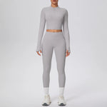 New Women Yoga Set Solid Color Double-Sided Brushed Bare Feel Short Long-Sleeve Jacket Tight Pants Running Fitness 2-Piece Set