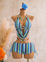 Vintage Blue Striped Knitted Cover Up 3 Piece Bikini Set 2026 Swimwear Women Push Up Bra Drawstring High Waist Shorts Swimsuit