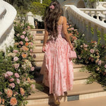FDYOUI 2026 Summer Floral Print Spaghetti Strap Dress for Woman Elegant Sleeveless High Waist Long Party Evening Dresses Pink