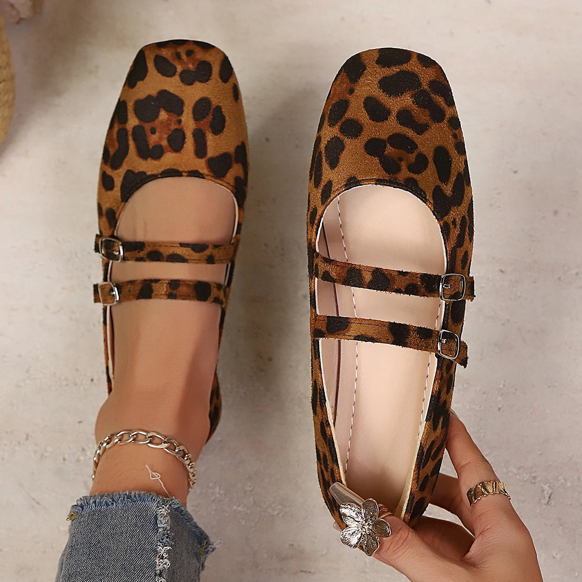 Women Suede Square Toe Double Strap Mary Jane Flats Buckle Slip‑On Soft Flat Shoes Large Size Casual Office Ladies Shoes