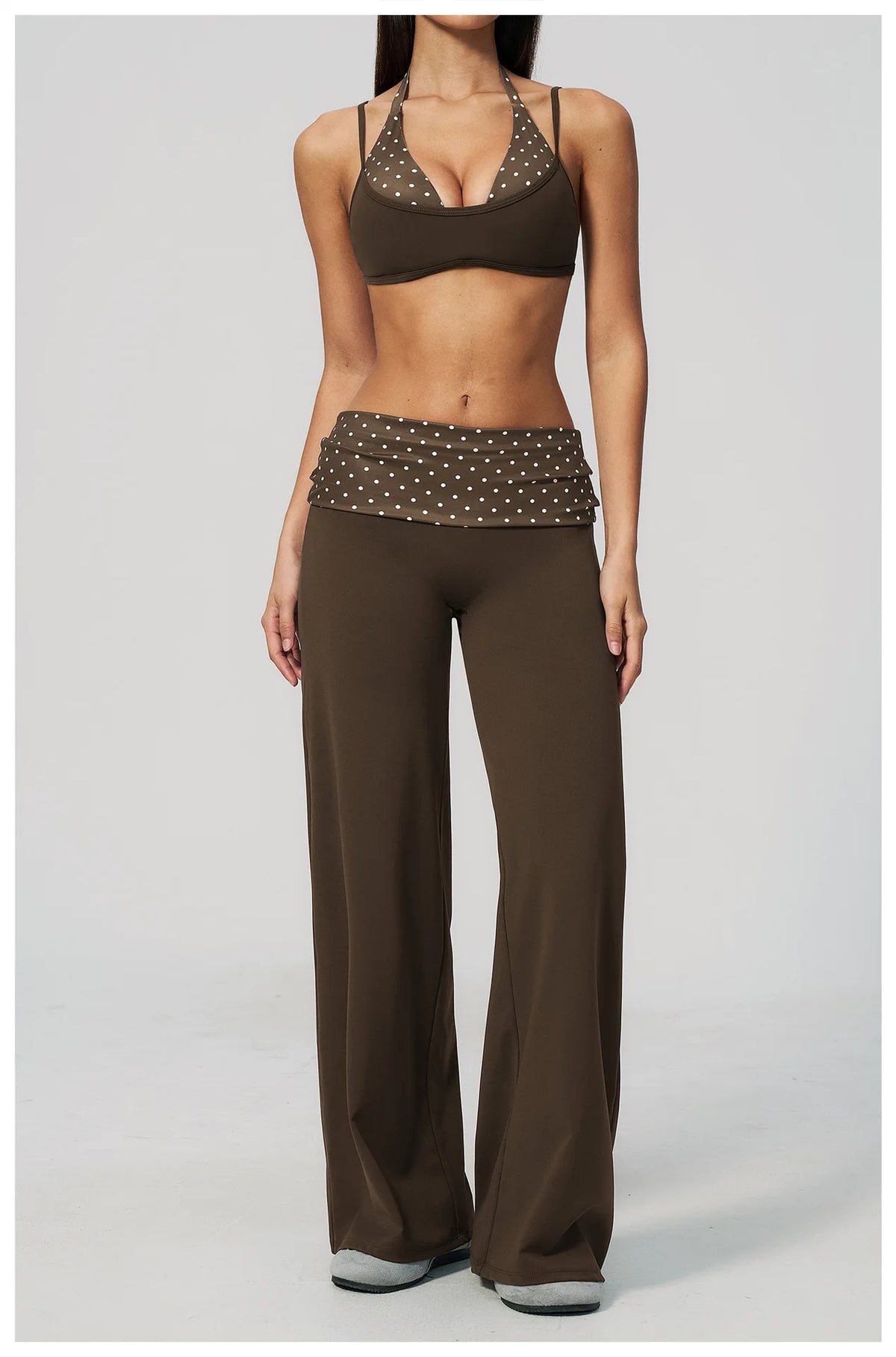 Fake Two-piece Sports Bra Yoga Sets Women Coffee Striped Patchwork Folding High Waist Wide Leg Pants Gym Running Fitness Suits