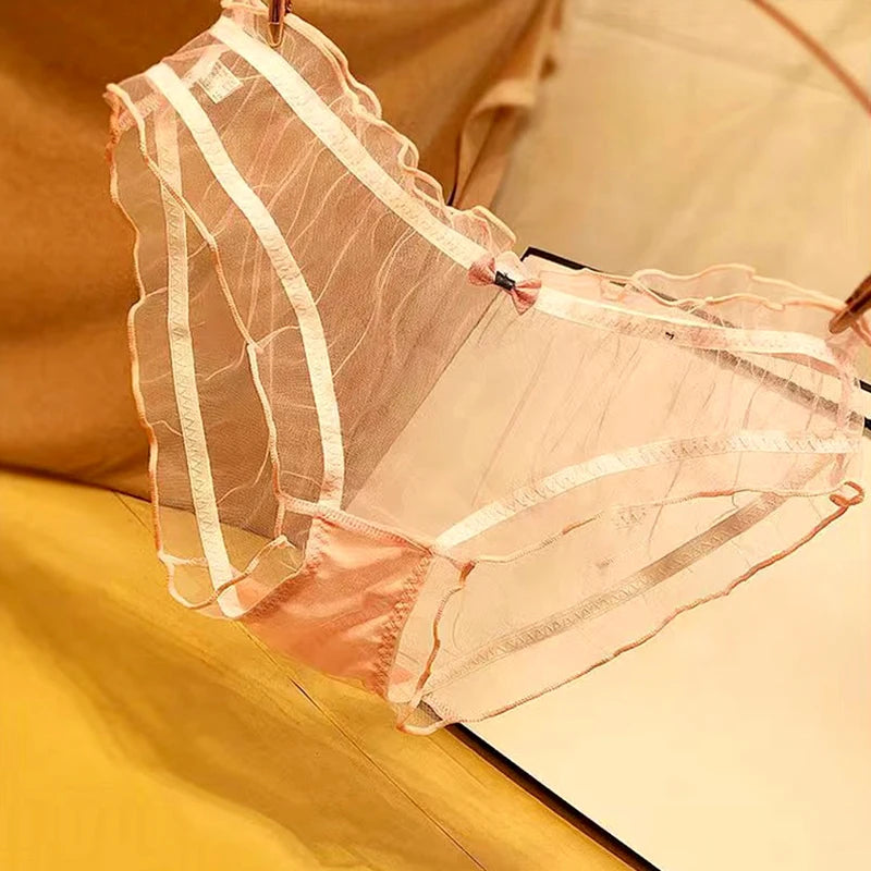 Lolita Mesh Panties Sexy Lace Briefs for Women Transparent Underwear Summer Bow Briefs Girl Low Waist Underpants Ruffle Lingerie
