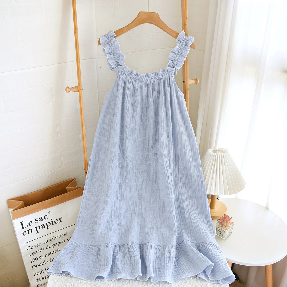 2026 Summer New Style Nightdress Ladies 100% Cotton Crepe Thin Vest Suspender Skirt Loose Long Skirt Sweet And Cute Home Skirt