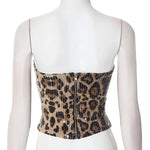 Sexy Chic Leopard Printed Corset Tops Women's Fashion Skinny Zip-up Sequins Crop Tops Strapless Night Club Outfit Streetwear