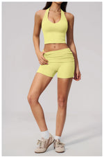 2PCS Yoga Set Women V-neck Cross Neck Shock-absorbing Sports Vest Workout Pleate Flip High Waist Shorts Gym Runing Fitness Suits