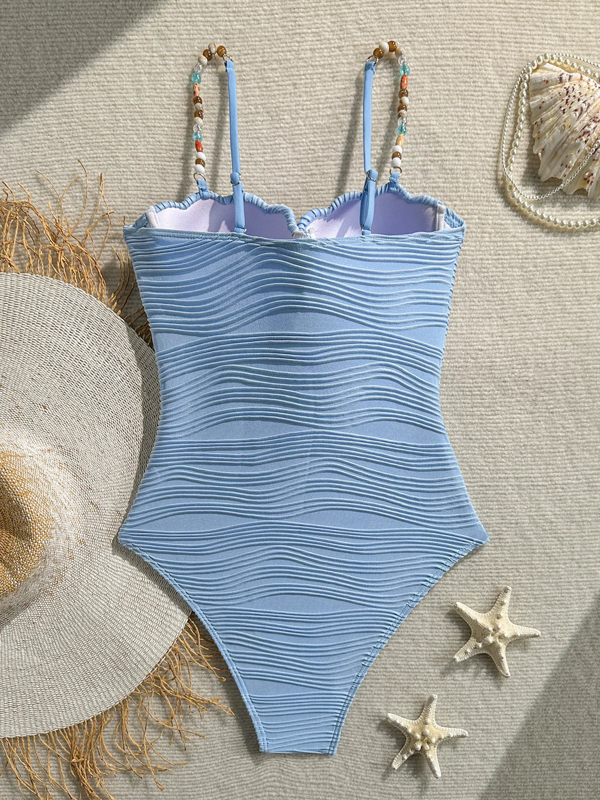 Vintage Blue Wave One Piece Swimwear Women 2026 Beading Strap Push Up Underwire Tummy Control Bathing Suit One Piece Swimsuit