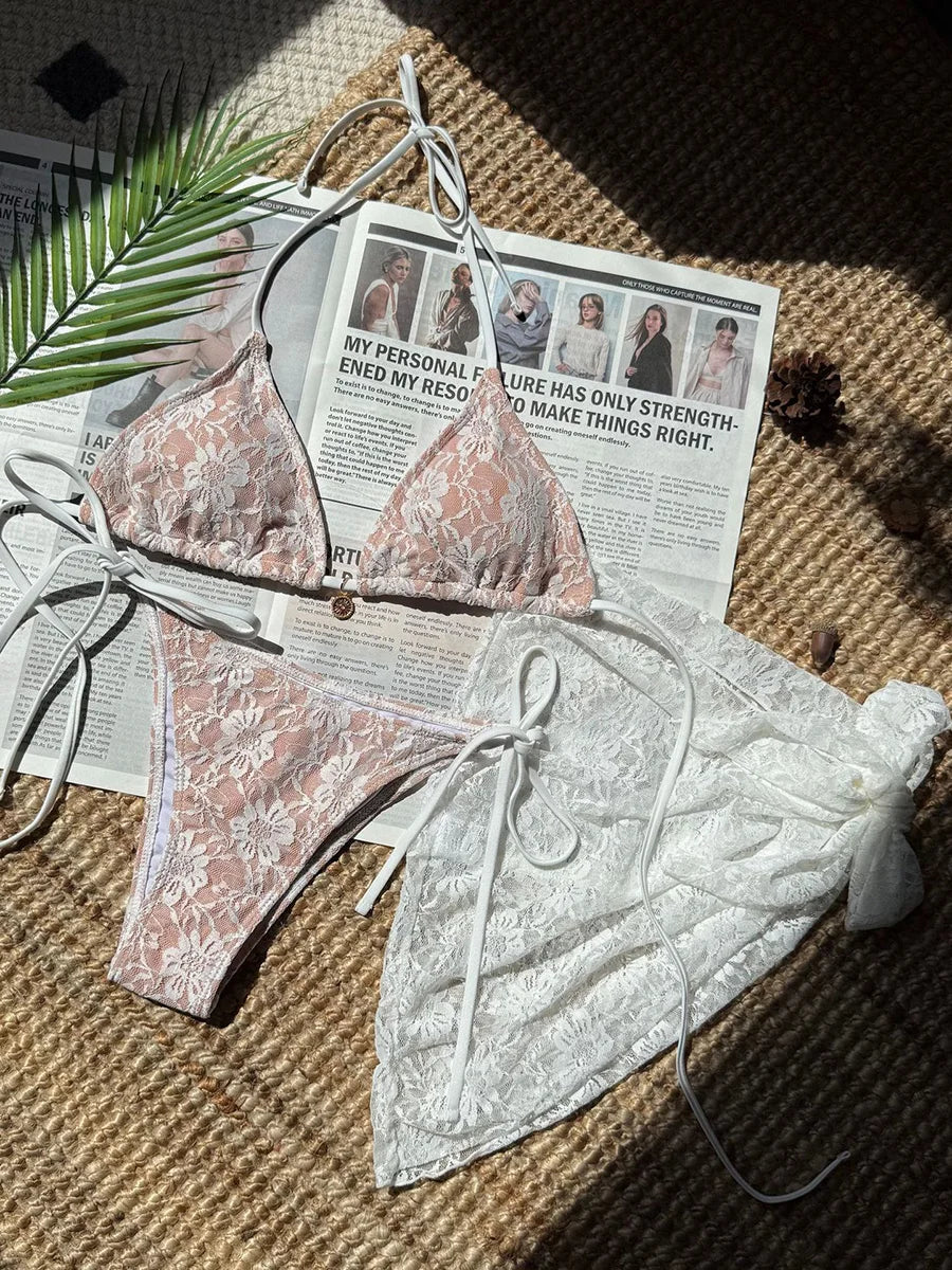 with Mesh Sarong Lace Halter High Cut Bikini Female Swimsuit Women Swimwear Three-pieces Bikini Set Bathing Suit Swim Beachwear