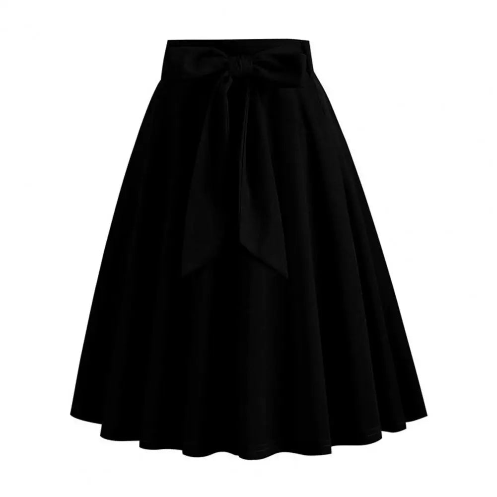 Women Skirt A-line Big Swing Belted Tight Waist Bow Decor Solid Color High Waist Soft Ruffle Summer Dating Party Midi Skirt