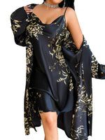 2 Piece Women Satin Pajama Set Cherry Print Elegant Sleepwear Long Sleeve Bathrobe Nightdress For All Season