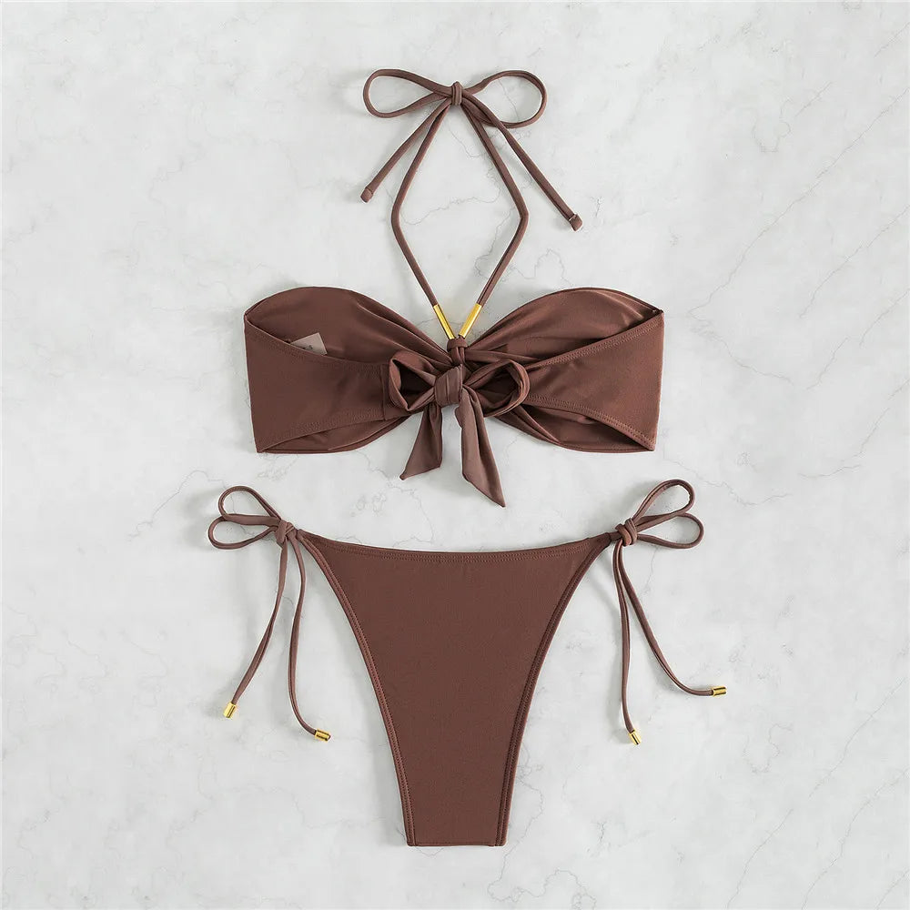 Brown Swimwear String Halter Bandeau Bikinis Sets Micro Thong Sexy Swimsuit Women Back Knotted Bathing Suit Bikini Mujer 2026