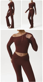 2 Pieces Women's Seamless Yoga Set Long-sleeved Shirt Flared-pants Tracksuit Running Fitness Sports Set Slim-fit High Waist Suit