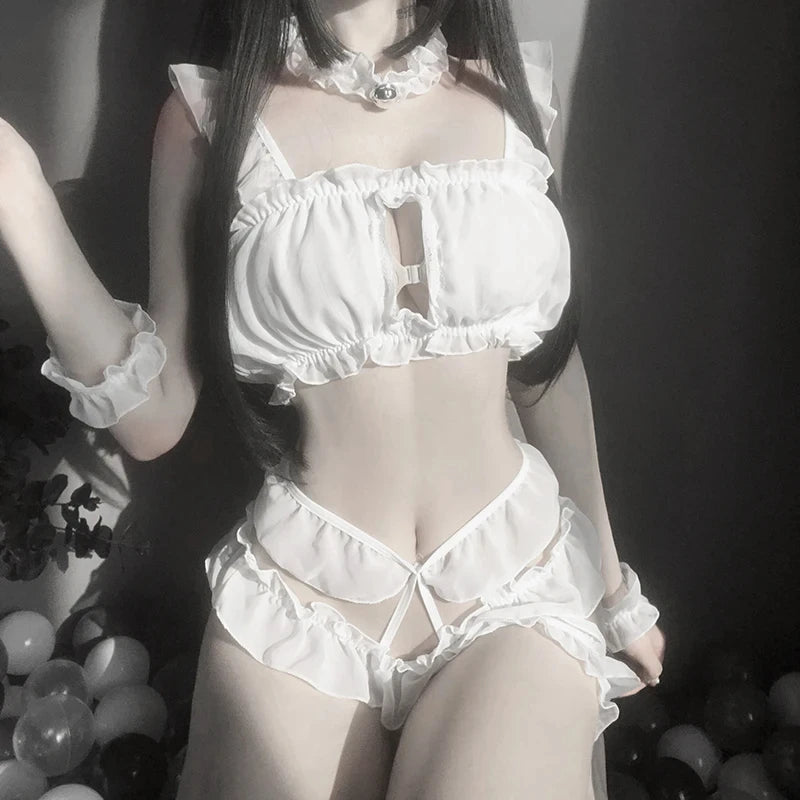 Cat Uniform Sexy Lingerie Costume | Kawaii Ruffle Lace Top with Panty and Garter Set | Cute Exotic Outfit for Women