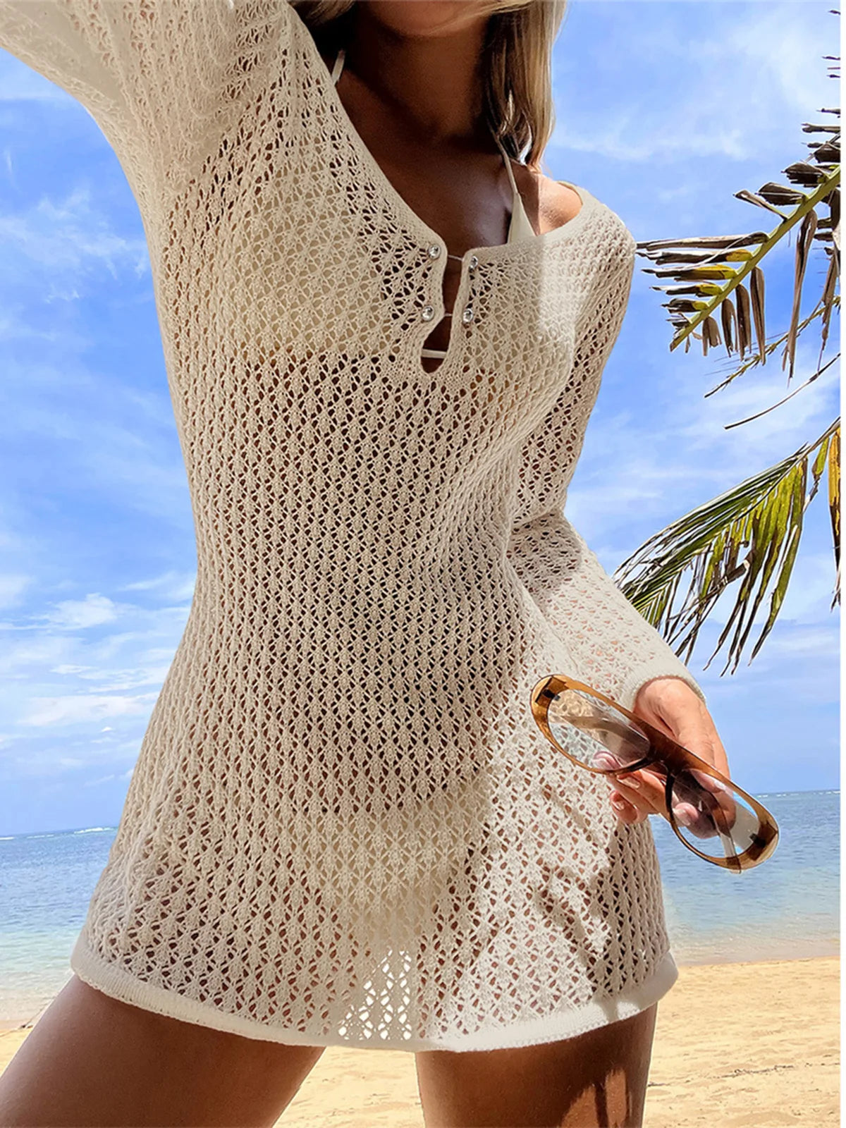 V Neck Long Sleeve Hollow Out Crochet Knitted Tunic Beach Cover Up Cover-ups Beach Dress Beach Wear Beachwear Female Women V7643