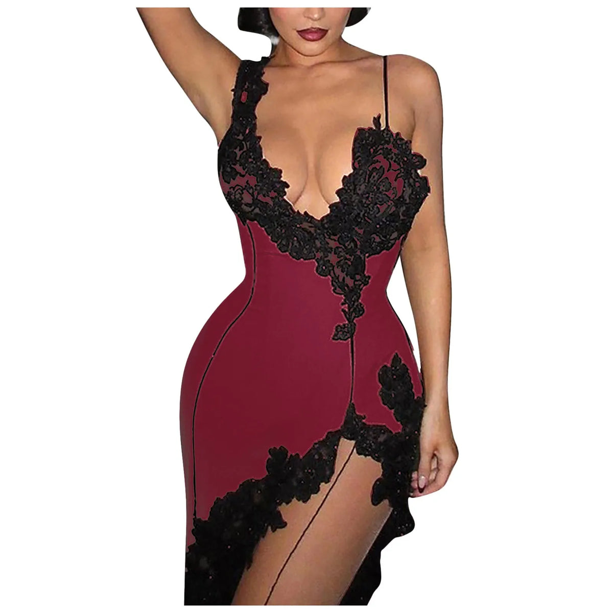 Womens Sexy Deep V Suspender Dress Lace Patchwork Slim Open Back Casual Dresses Summer High Waist Side Slit Midi Bodycon Dress