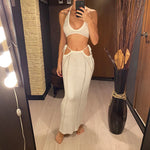 2PCS Set Sexy With Top Halter Crochet Knitted Dress Tunic Beach Cover Up Cover-ups Beach Dress Beachwear Female Women V4885W