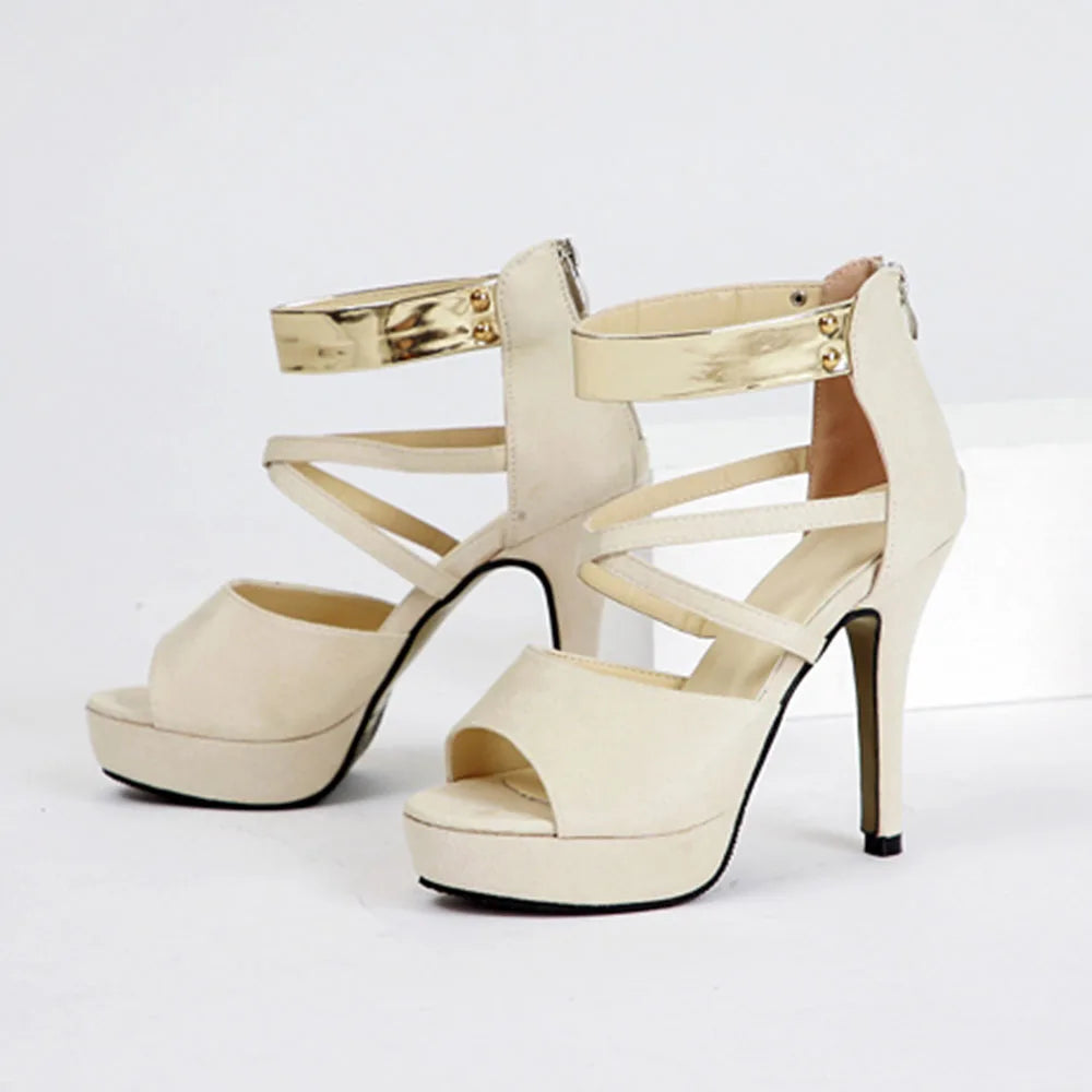 Women's Sexy Peep Toe Platform 12cm High Heel Sandals with Gold Metal Classic Ankle Strap Crisscross Stiletto Heel Party Shoes