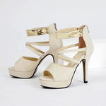 Women's Sexy Peep Toe Platform 12cm High Heel Sandals with Gold Metal Classic Ankle Strap Crisscross Stiletto Heel Party Shoes