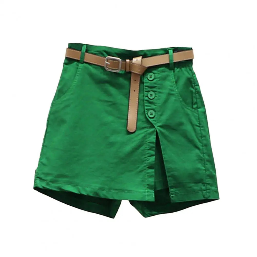 Women Skirt Shorts Above Knee Length High Waist Fake Two Piece Button Decor Side Split Pockets Straight Streetwear