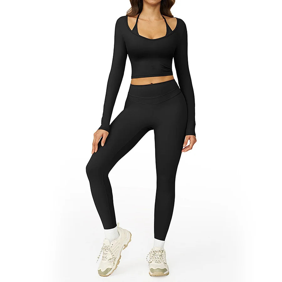 2 Pieces Sportswear Women Yoga Set Gym Clothes Fitness Set Outfit Outdoor Long-Sleeved Shirt Tracksuits Sports Bra Gym Leggings