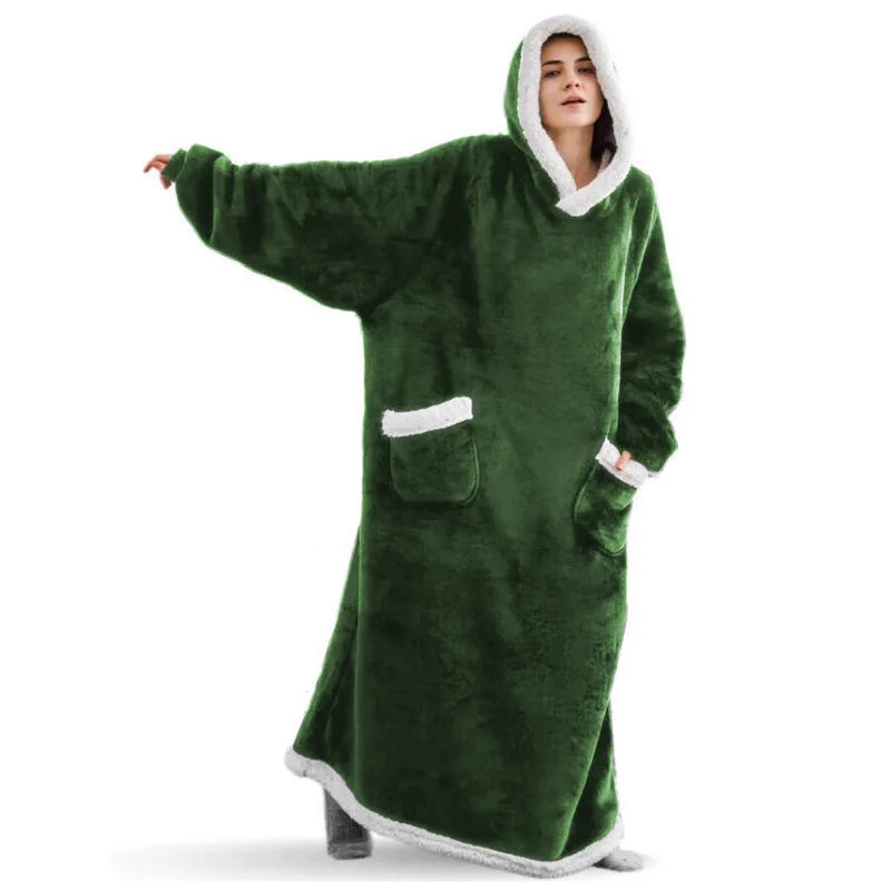 New 120/150cm Winter Thick Blanket Extra Plush Hoodie Lengthened Large Pocket Imitation Cashmere Home Coat Fleece TV Blanket 1pc