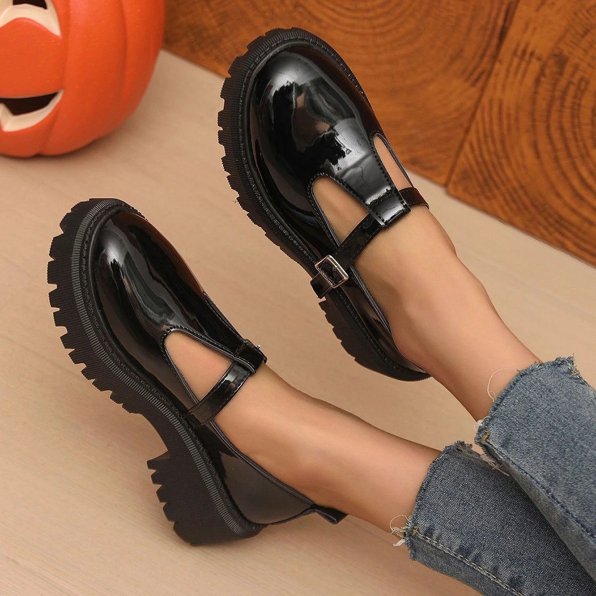 Women T‑Strap Mary Jane Shoes Faux Leather Buckle Lug‑Sole Platform Round‑Toe Vintage Preppy JK Casual Daily Dress Shoes