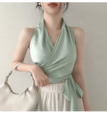 Women Blouses Slim Fit V-neck Lace Up Open Stitch Versatile Sleeveless Top For Female Chiffon Tops Summer Fashion PPAY