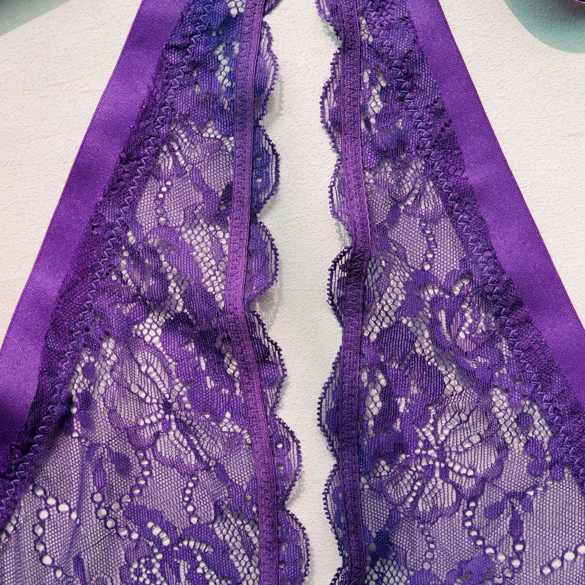 New Purple Sexy Lace Bodysuits Deep V Neck Halter Mesh Solid Color Bodysuits CharmingPure Desire Transparent Flower Print OOB5