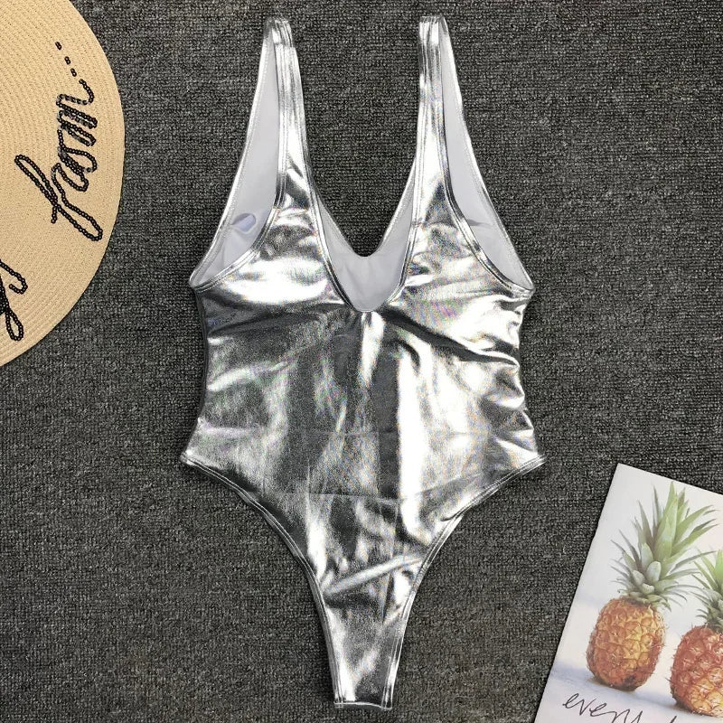 Shiny PU Faux Leather Women Swimwear One Piece Swimsuit Female Monokini High Cut Bikini Set Bathing Suit Swim Beachwear Bodysuit