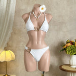 Sexy Black Mesh Long Skirt 3 Piece Bikini Set Women White Metal Ring Linked Push Up Bra Swimsuit Holiday Bathing Suits Swimwear