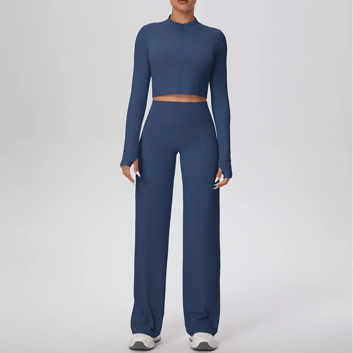 2 Pcs Women's Seamless Yoga Set Long-sleeved Wide-leg Pants Tracksuit Fitness Sports Set High-waisted Hip-lifting Slim-fit Suit