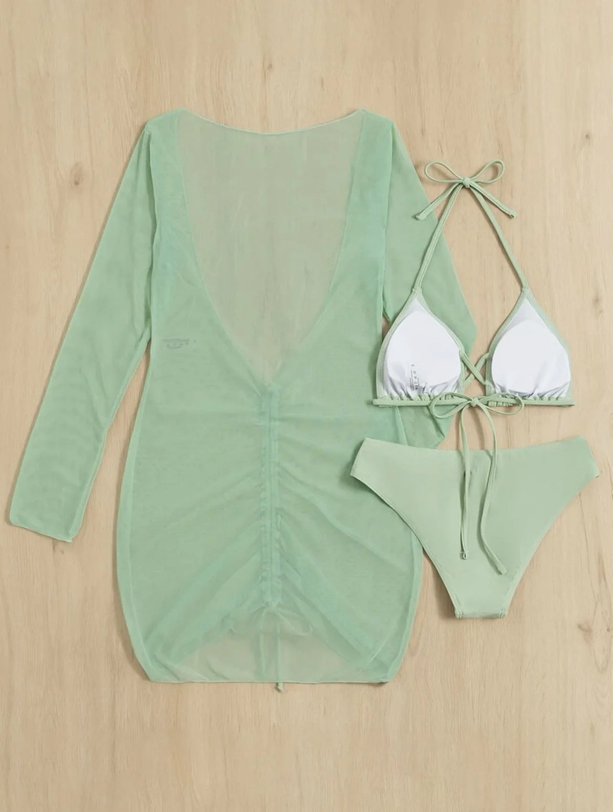 Long Sleeves Dress Bikini Set 2025 Women Neon Green Lace Up 3 Pieces Swimsuit Brazilian Bathing Suit Pleate Cover Up Swimwear