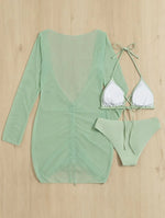 Long Sleeves Dress Bikini Set 2025 Women Neon Green Lace Up 3 Pieces Swimsuit Brazilian Bathing Suit Pleate Cover Up Swimwear
