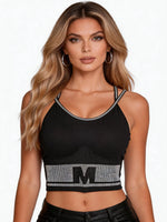 Black Rhinestone Camisole for Women Going Out Sequin Sparkly Top Double Adjustable Straps Clubbing Y2K Cute Tee