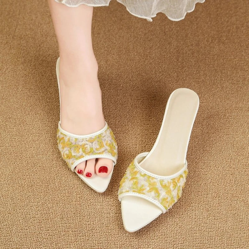 Pink Fashion High Heels Sandal Slides For Women Sexy Pointed Toe Slippers Elegant Ladies Heels Shoes