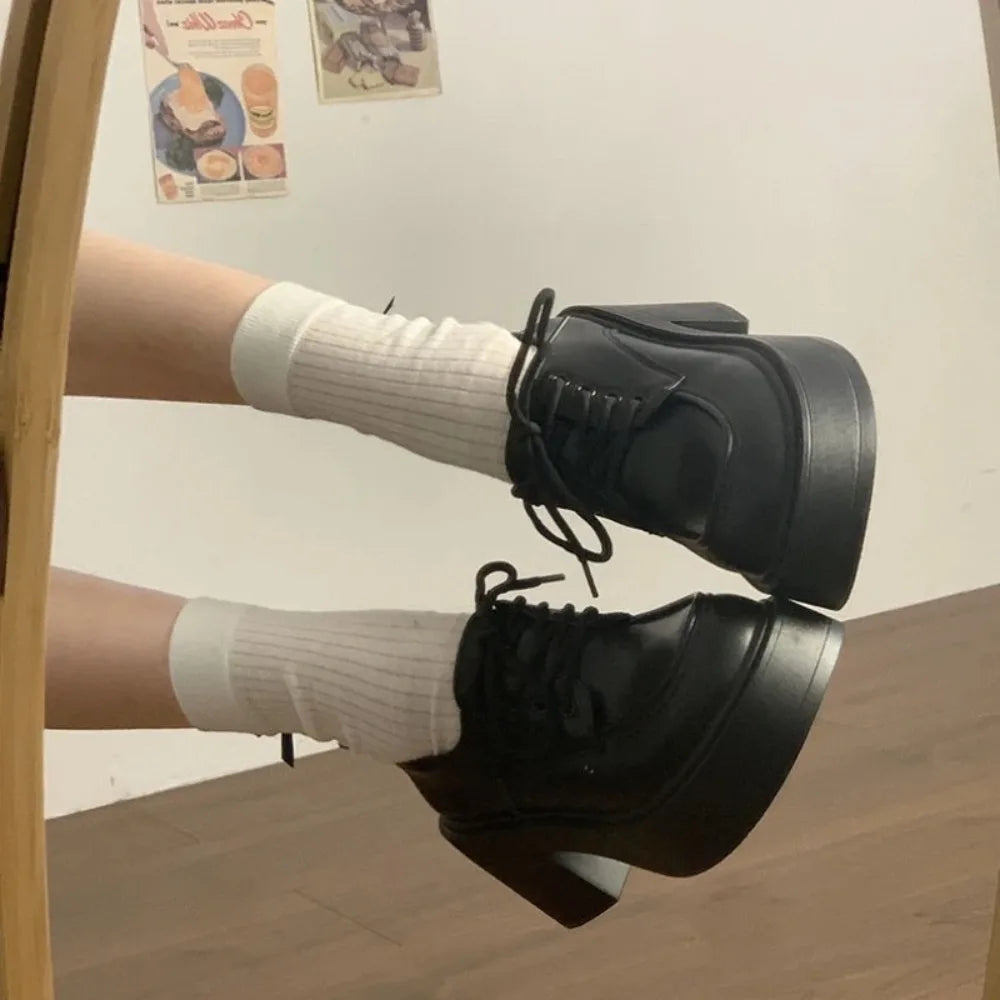 Women Lace‑Up Oxford Shoes PU Leather Chunky Block Heel Platform Round Toe Comfort Non‑Slip Casual JK School Daily Dress Shoes