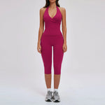 2PCS Workout Set Women Yoga Sets V Neck Cross Slim Sports Tank Top Athletic Wear Outdoor Tight High Waist Leggings Fitness Suits