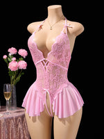 Pink Sexy Lingerie Women Hollow Open BodysuitAdult Apparel Teddy Crotchless Erotic Underwear One Piece V-neck Hot Lace Pajamas