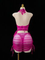DEKA Sexy Neck Bikini Set Mesh Cover UpsWomen Pink Swimsuit Female Swimwear Shirt Dress Bathing Suit Beachwear Summer