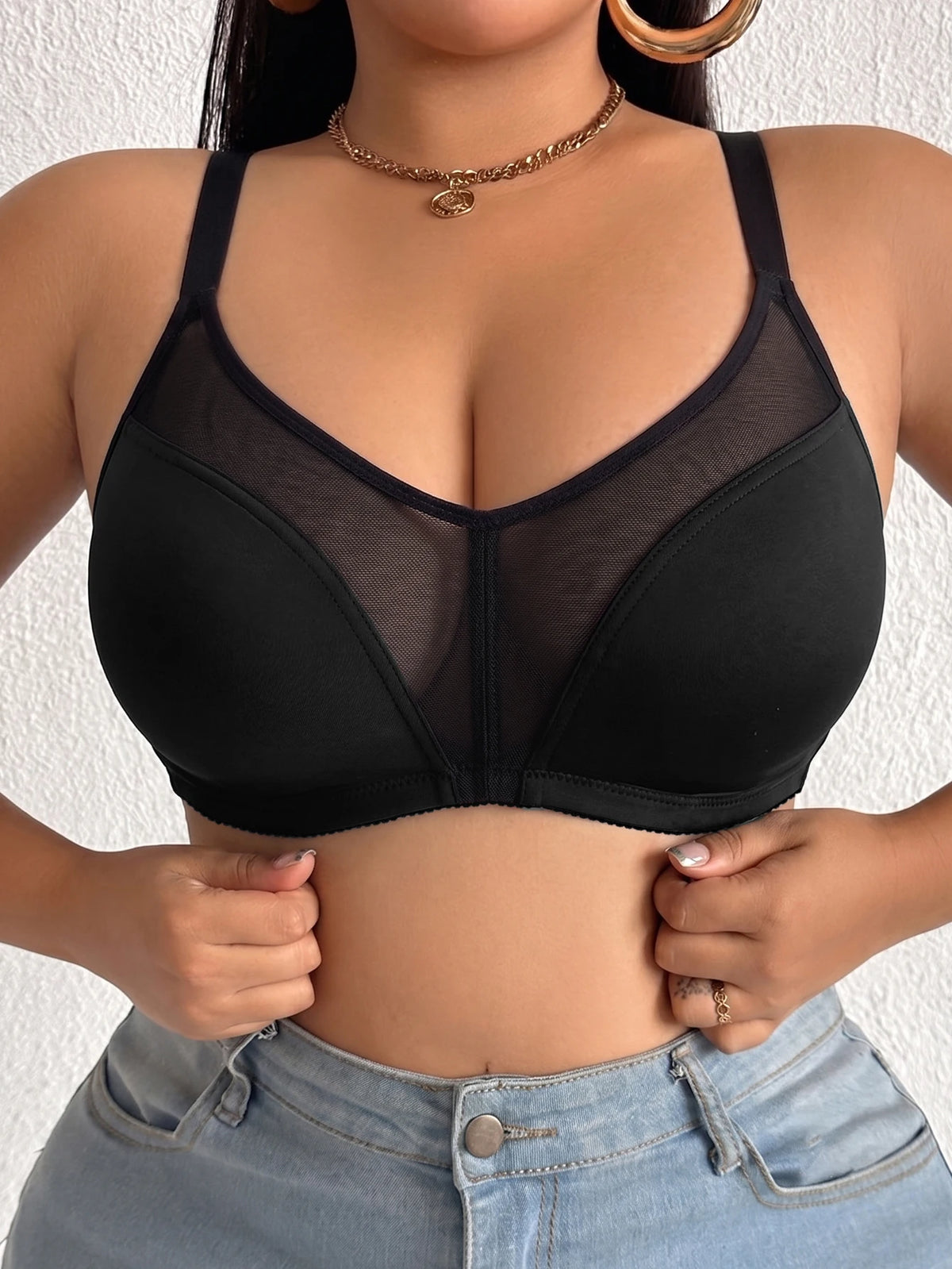 Full Cup Plus Size Women Bra Wireless Thin Side Support Gathering Brassiere Comfort Breathable Mesh Minimizer Bra
