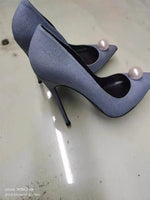 Women Denim Stiletto High Heels Pointed Toe Pearl Decor Pumps Elegant Ladies Slip On Dress Party Wedding Heeled Shoes