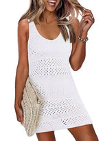 Summer Vest Beach Dresses Women Solid Color Hollow Out Knitted Beachwear Fashion Casual Lady Vacation Mini Dress Female 2025 New
