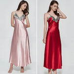 Women's Satin Lace Nightgown Spaghetti Strap Sleeveless Slip Dress Soft V Neck Maxi Sleepwear Silky Chemise Nightdress