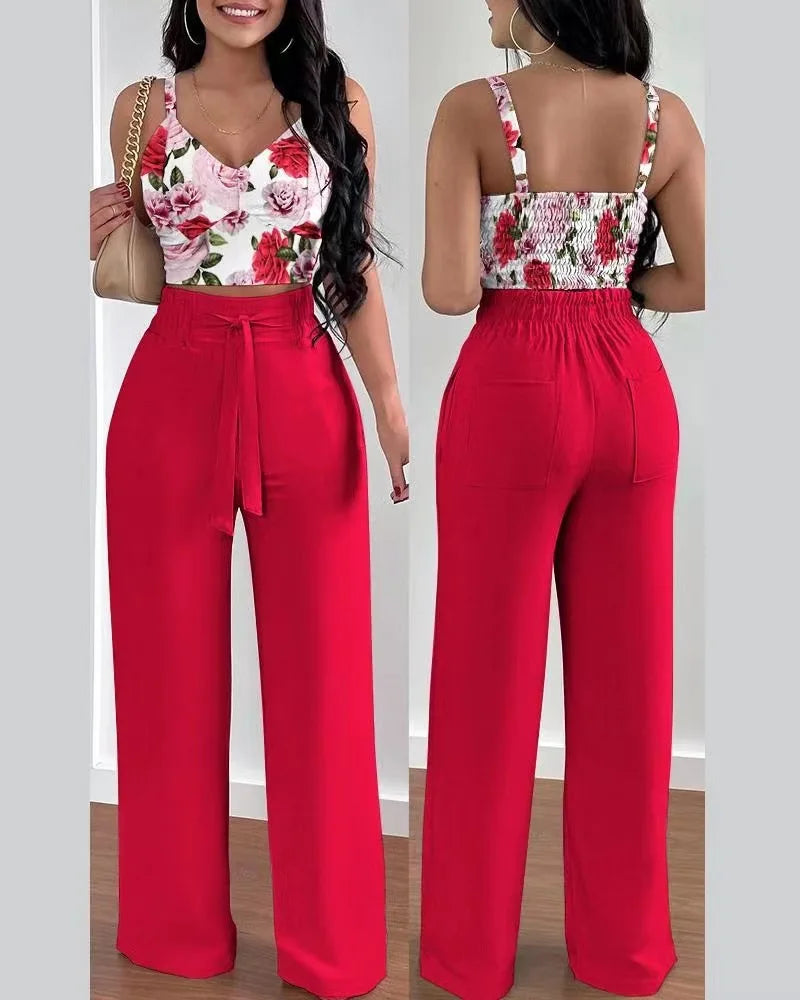 Women's Two Piece Sets Fashion Print Halter V-Neck Short Tank Suit Tops Long Pants Matching Set Summer Casual Female Slim Pants