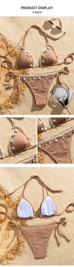 Shell Decoration Halter String Strappy Bikini Women Swimwear Female Swimsuit Two-pieces Bikini Set Ribbed Bathing Suit Swim Lady