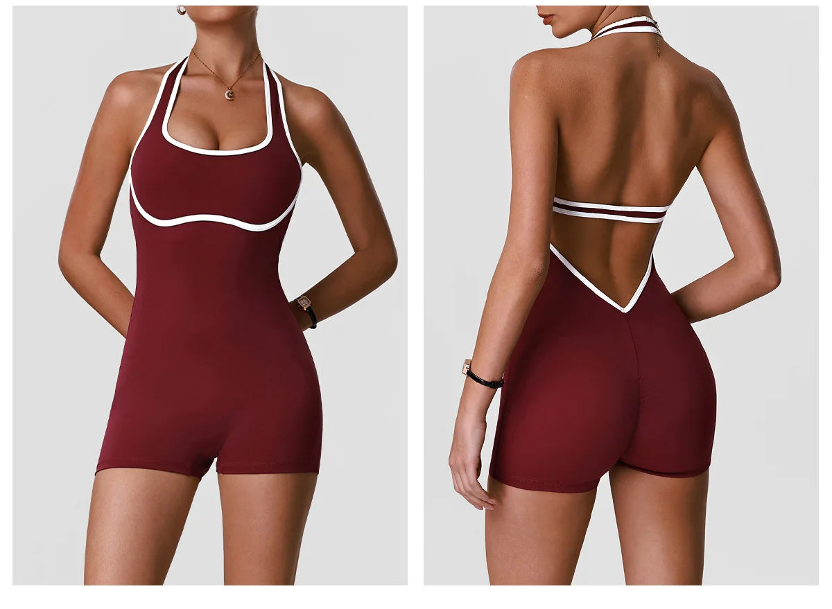 Color Blocking Yoga Jumpsuit Women Sleeveless Hollow Out Backless Slim Sports One Piece Short Suit Gym Running Fitness Rompers