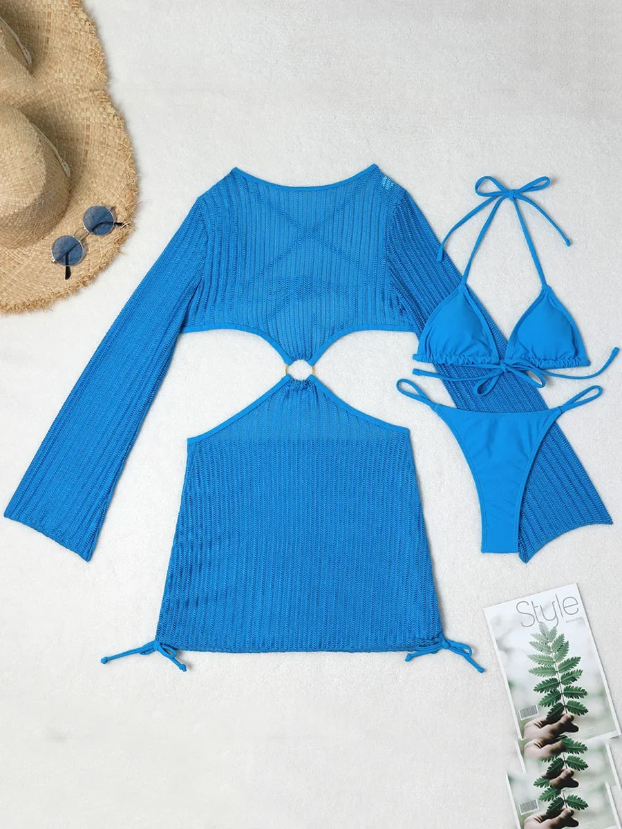 Mesh Sheer Long Sleeve Cover-Up Micro Bikini Female Swimsuit Women Swimwear Three-pieces Bikini Set Bathing Suit Swim Beach Wear