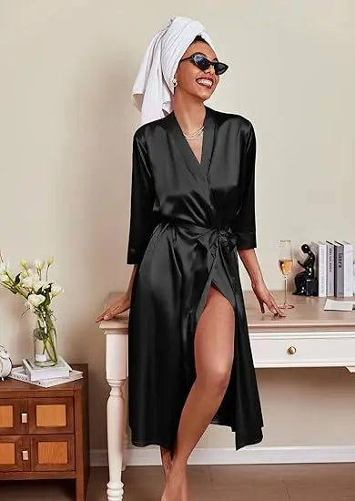 Women's Satin Robe Belted Elegant Solid Color Silky Comfort Bathrobe Loungewear